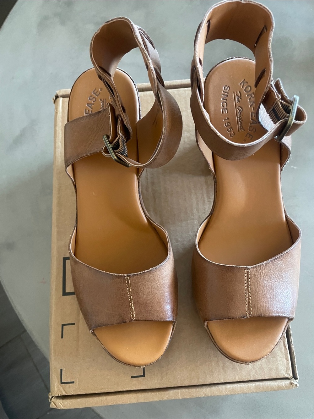 Kork-Ease Women's Brown/Tan Leather Open-Toe Ankle Strap Heels. Never worn!